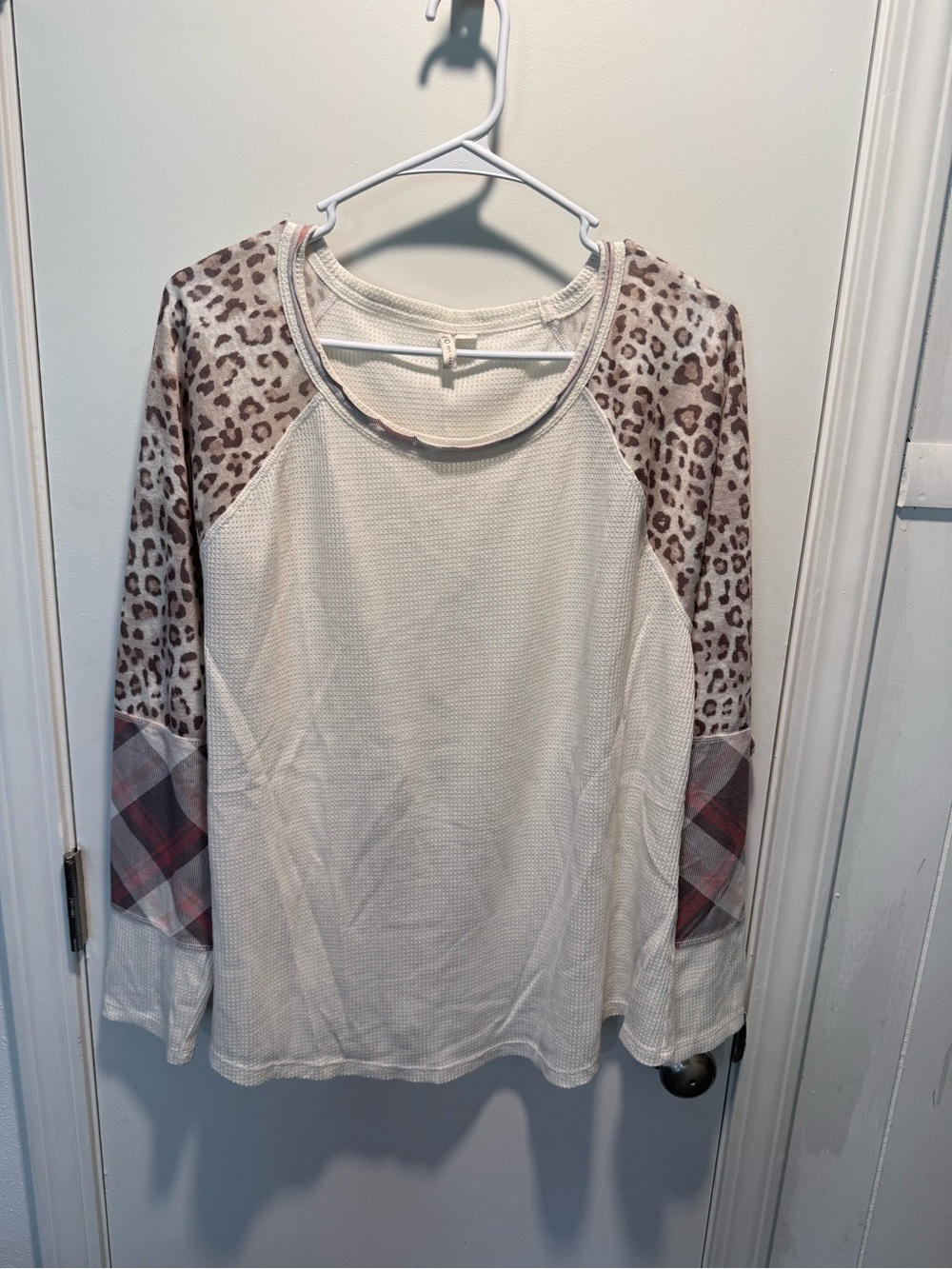 Cato Cream Waffle Knit Top with Leopard Raglan & Plaid Elbow Patches